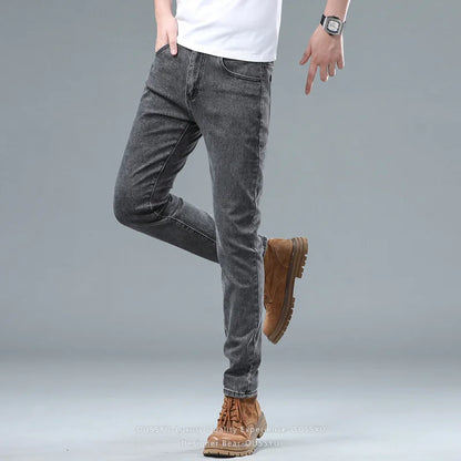 Spring Summer Stretch Pencil Cargo Jeans Gray Men High Street Casual Denim Trousers Fashion Straight Little Feet Men's Pants Man