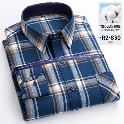 Men's long-sleeved cotton jersey checked shirt - suitable for daily work in all seasons, featuring fashionable style.