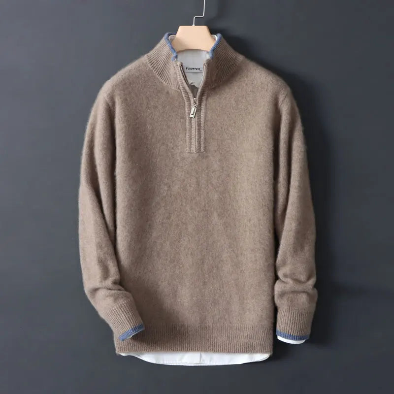 Half-high zipper cashmere sweater men's color-blocking thickened sweater loose business casual 100% pure cashmere knitted