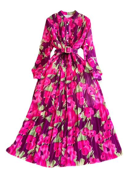 Ele Vintage Long Sve A-Line Printed Gown with Pleated Skirt And Slimming Waist Design for Young Women Korean Sle Com...