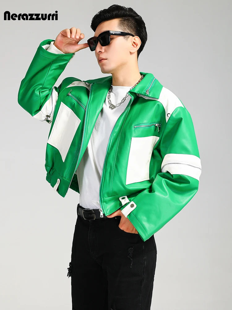 Nerazzurri Autumn Winter Short Quilted Warm Oversized Green and White Patchwork Pu Leather Jacket Men Luxury Designer Menswear