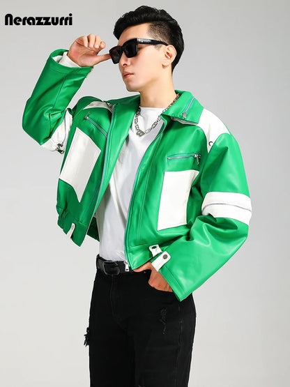 Nerazzurri Autumn Winter Short Quilted Warm Oversized Green and White Patchwork Pu Leather Jacket Men Luxury Designer Menswear
