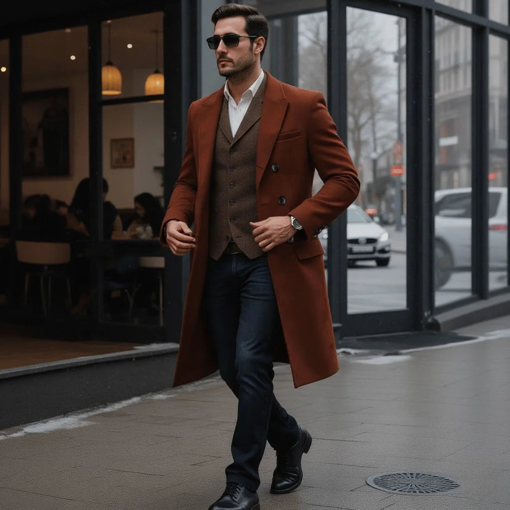 Men's Premium Mid-Length Double Breasted Woolen Coat Heavyweight Thickened Warm Lined Jacket for Winter