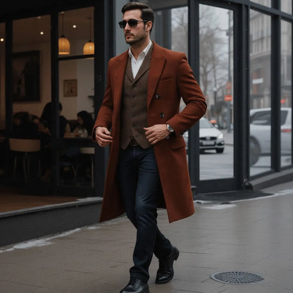 Men's Premium Mid-Length Double Breasted Woolen Coat Heavyweight Thickened Warm Lined Jacket for Winter