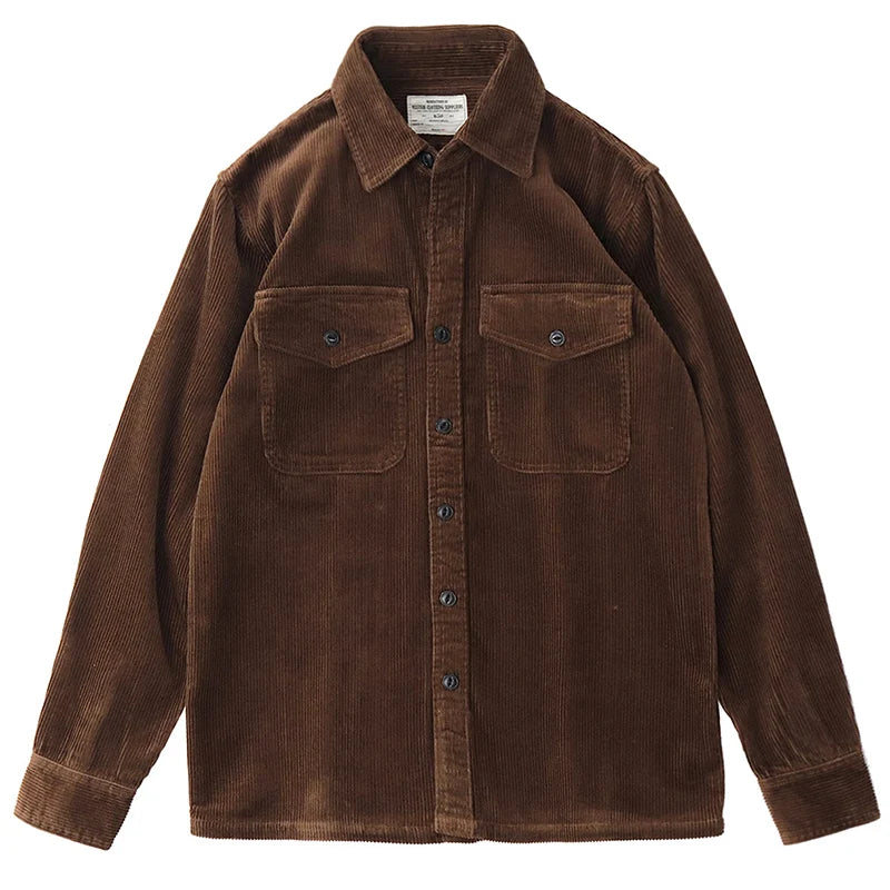 Autumn and Winter New American Retro Thick Corduroy Solid Color Cargo Shirt Men's Pure Cotton Long-sleeved Pocket Casual Blouses