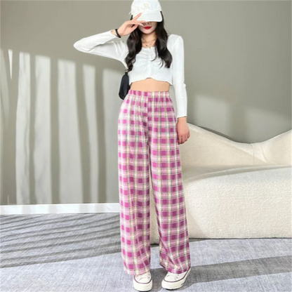 Thickened Fleece Straight Leg Pants Winter New Style Lamb Velvet Plaid Women's High Waist Warm Casual Wide Leg Pants
