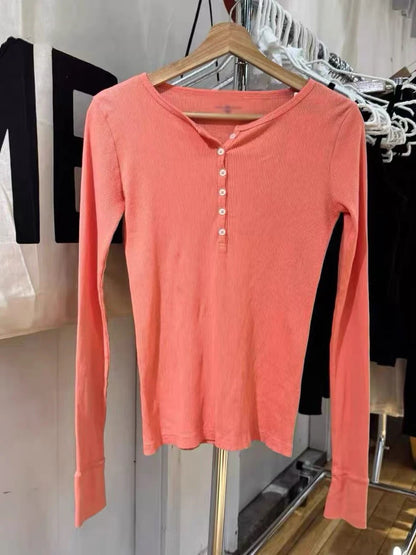 Green Vintage Ribbed Long Sleeve Tee Women's Autumn Six Button Cotton Casual Patchwork Slim T-Shirts Simple Chic Streetwear Tops