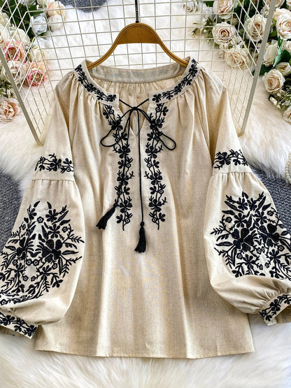 Bohemian Vacation Style Women's Shirt round Neck Lantern Sleeve Embroidery Heavy Work Autumn Design Sense Knot Design Top