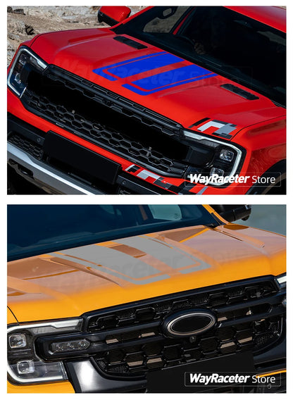 2 Pcs Engine Cover Decal Boonet Hood Stripes Sticker For Ford Ranger 2025 2024 2023 T9 Raptor 4X4 Off Road Wildtrak Accessories