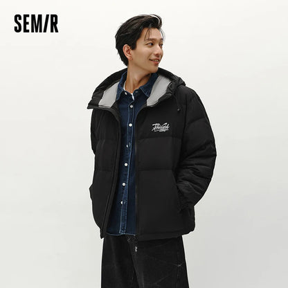 Semir Down Jacket Men Winter 80% Down Fill Loose Hooded Outerwear Textured Street Trendy Letter Printed Top Men'S Clothing