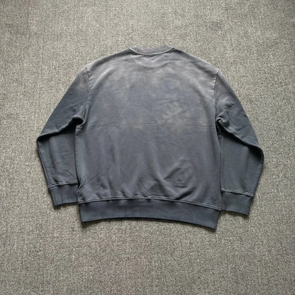 Men's washed distressed round neck long-sleeved sweatshirt retro gradient loose shoulder solid color pullover casual top