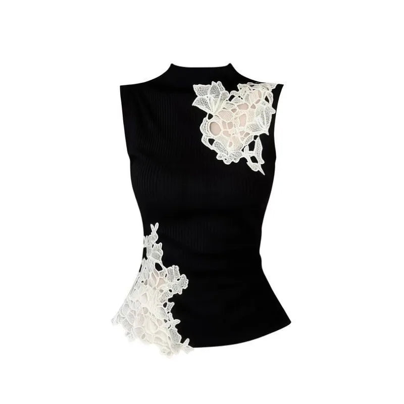 Black Lace Patchwork Sleeveless Tank Top Women Spring Summer Design Slim Hollow-out Y2k Top Sexy T-shirt Cute Tops New