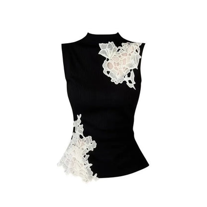 Black Lace Patchwork Sleeveless Tank Top Women Spring Summer Design Slim Hollow-out Y2k Top Sexy T-shirt Cute Tops New
