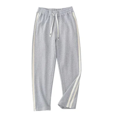 Spring Autumn American Retro Drawstring Knitted Striped Sweatpants Men's Simple 100% Cotton Sports Casual Loose Straight Pants