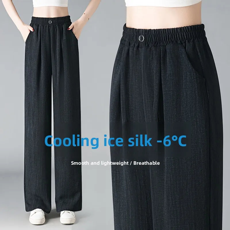 Ice Silk Slim Wide Leg Pants Women's Summer Drapey High Waist Straight Casual Lazy Floor Length Pants Cool Pants