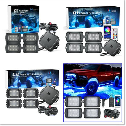 MICTUNING RGBW LED Rock Lights with Bluetooth Controller, Timing Function, Music Mode - C1 4Pods Multicolor Neon LED Light Kit