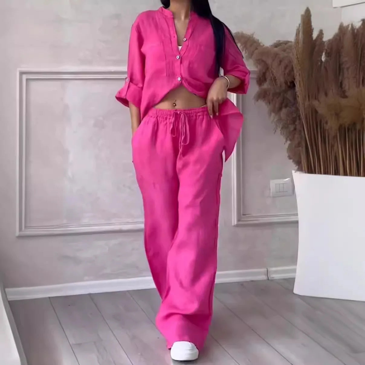 Women's  Color Long Sleeve Shirt And Wide Leg Pants Two-Piece Set Button-Up Tie Waist Long Pants Fashionable Ensemble