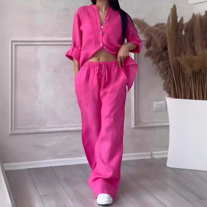 Women's  Color Long Sleeve Shirt And Wide Leg Pants Two-Piece Set Button-Up Tie Waist Long Pants Fashionable Ensemble