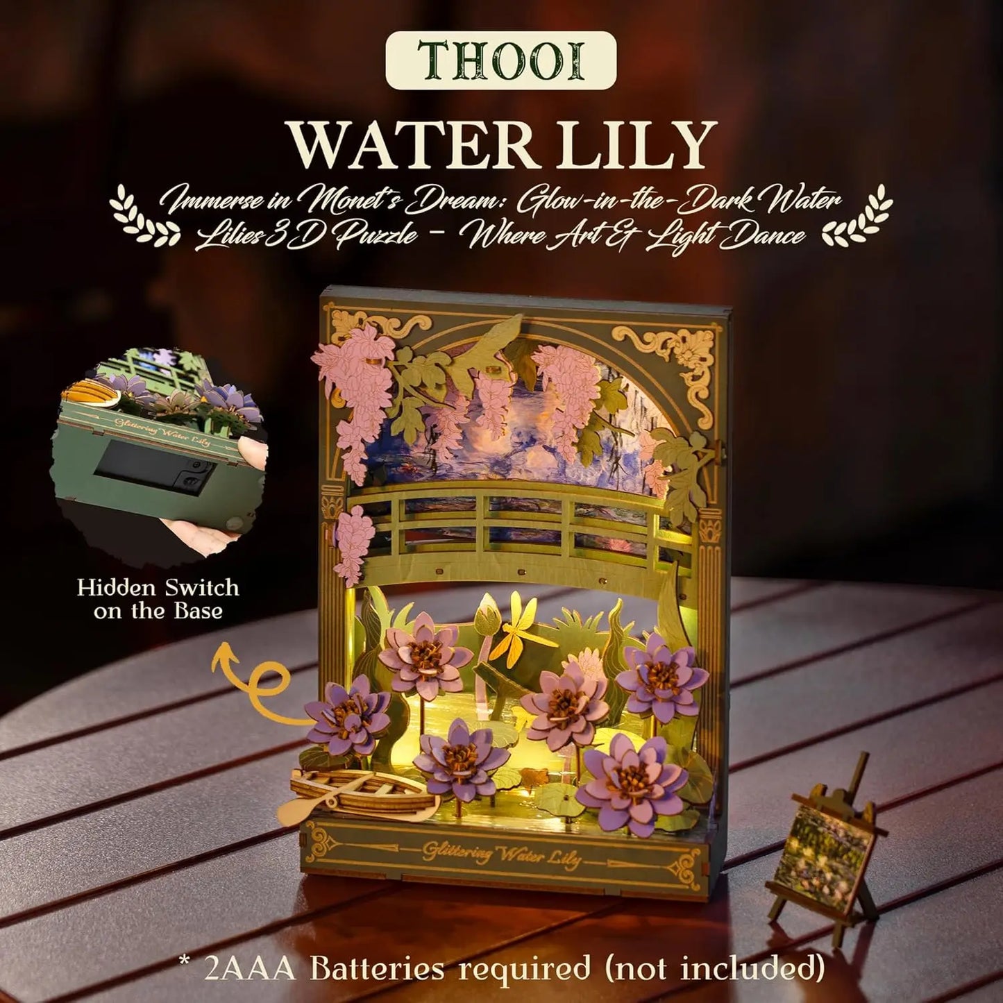 Rolife Glittering Water Lily 3d Wooden Puzzle Golden Sunflower with LED Light Flower Model Kits Tabletop Display Wall Art TH00