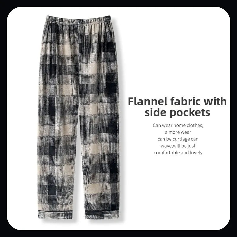 Men's Winter Thickened Fleece Coral Velvet Home Clothes Pants Plaid Patterned Home Pants Warm Comfortable mid Waist Elastic