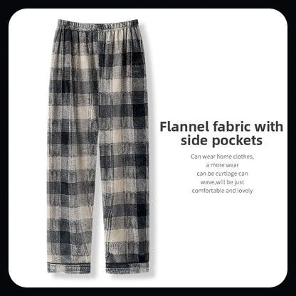 Men's Winter Thickened Fleece Coral Velvet Home Clothes Pants Plaid Patterned Home Pants Warm Comfortable mid Waist Elastic