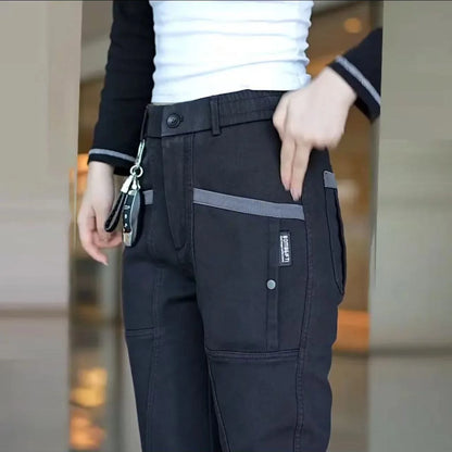 Men's Workwear Pants Elastic Waist Multi-Pocket Straight Leg Autumn Winter Durable Polyester Fiber Casual Trousers