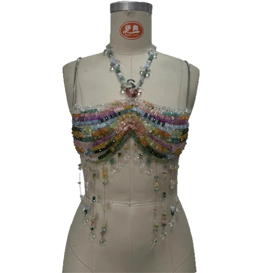 Women's Beading Vest Hollow Out Tops Body Beachwear Lingerie Harness Beaded  Bralette Neck Bra Bustier Bra Women Club Rave