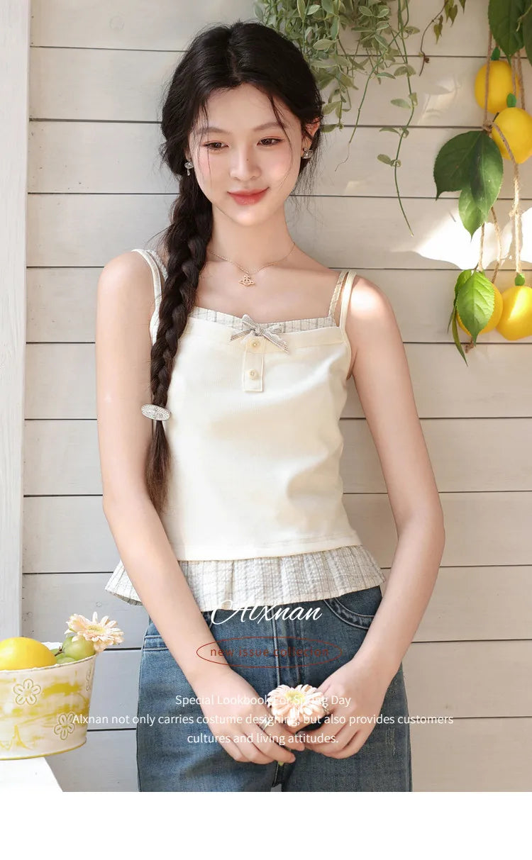 ALXNAN Cream Yellow Plaid Spliced Camisole Women 2026 Summer Elegant Sweet Beach Sleeveless Tops Casual Bow Design Camis L62323