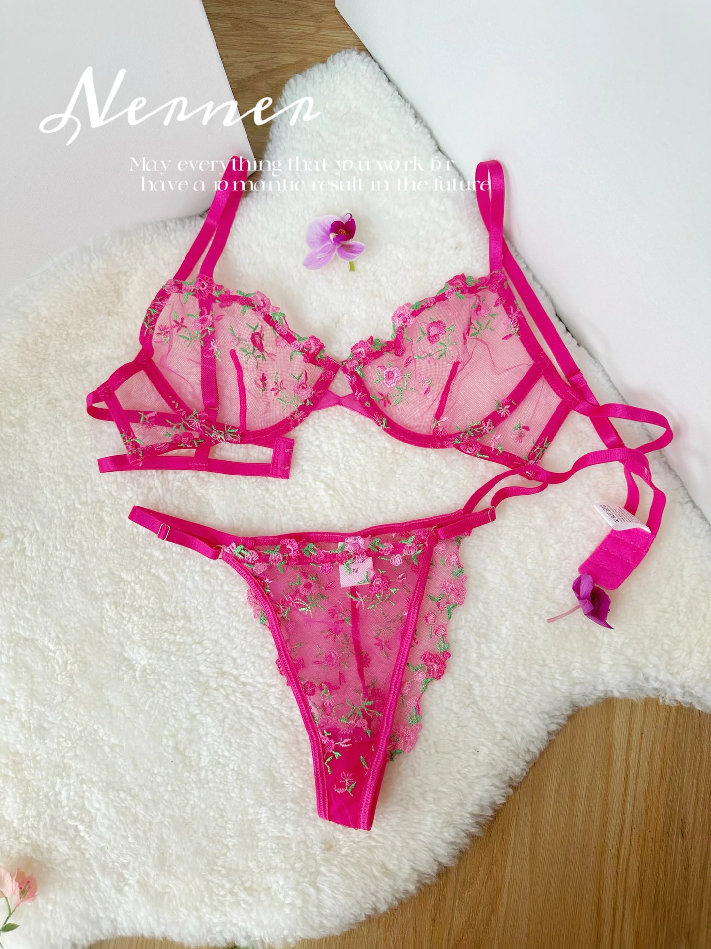 Pure & Sexy Japanese Lingerie Set, Pink Floral Tulle with Embroidery, Harajuku Style Aesthetic Set BANERDANNI Sexy Panty &Tusjy