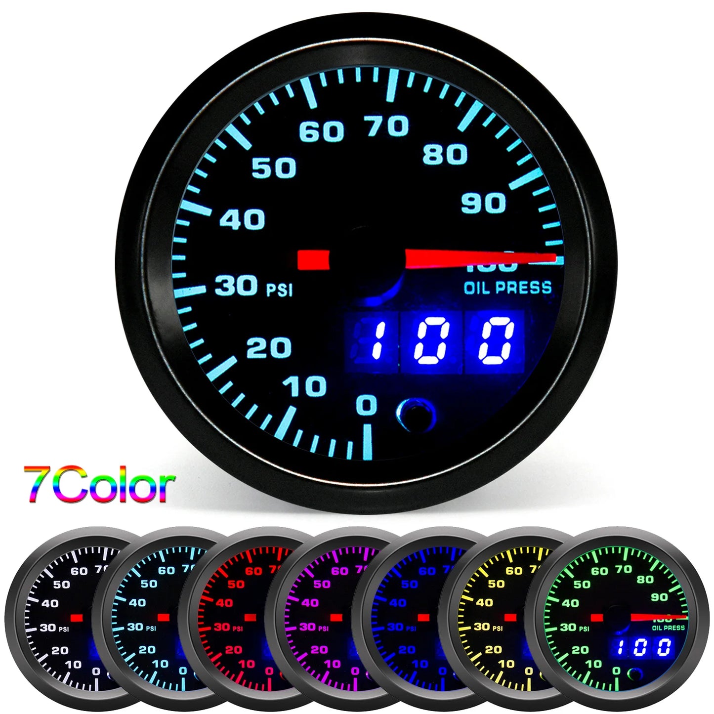 2" 52mm 7 Color LED Dual Display Gauge Boost PSI Boost BAR Water / Oil Temp Oil Pressure Voltmeter Air Fuel Ratio EGT Tachometer