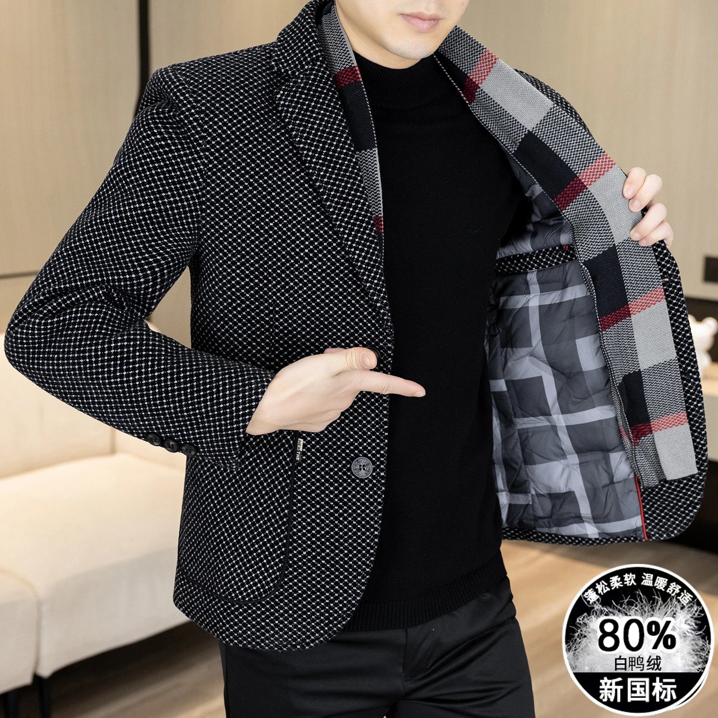 New Down Blazer Men's Business Gentleman Korean Wedding Fashion Trend Slimming Solid Color Casual High-end Down Woolen Blazer