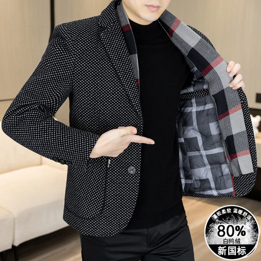 New Down Blazer Men's Business Gentleman Korean Wedding Fashion Trend Slimming Solid Color Casual High-end Down Woolen Blazer