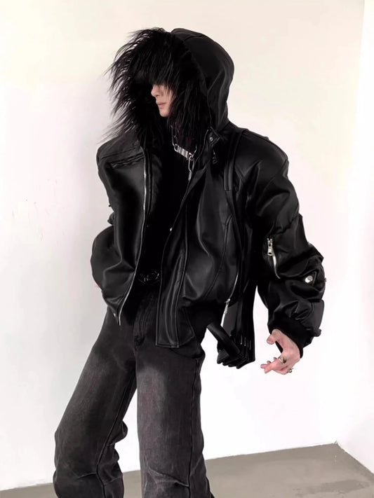 Mauroicardi Spring Autumn Cool Short Oversized Black Warm Pu Leather Jacket Men with Faux Fur Trim Hood Luxury Designer Clothes