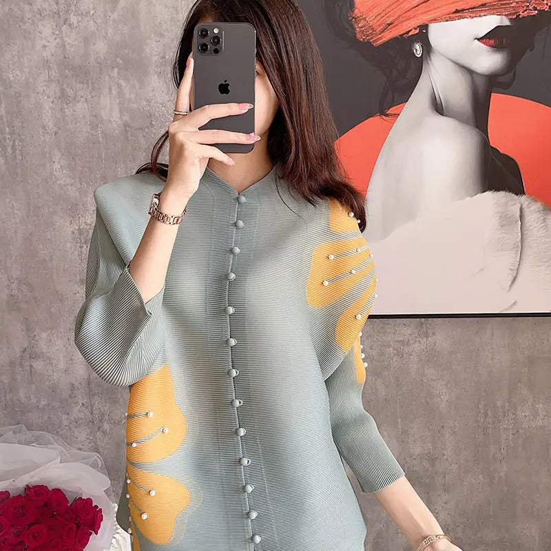 Women's Clothing Miyake Pleats Fashion Cardigan Top Summer Style Loose Fit Batwing Sleeves Printed Shirt Winter Clothes Women