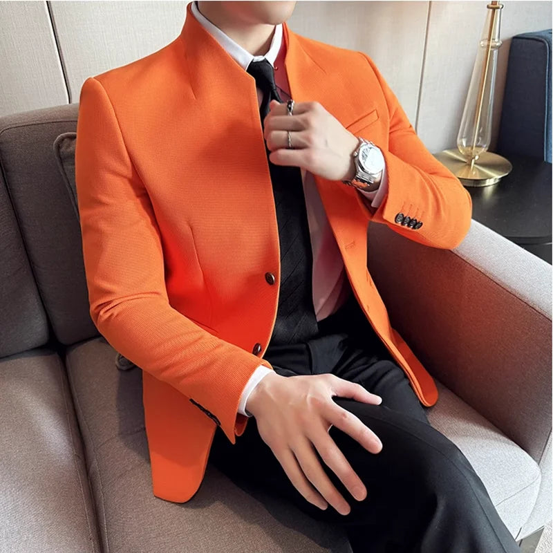 Waffle New Chinese Stand-Up Collar Suit Coats Men Slim Fit Business Casual Fashion Suits Jacket Formal Social Prom Party Tuxedos