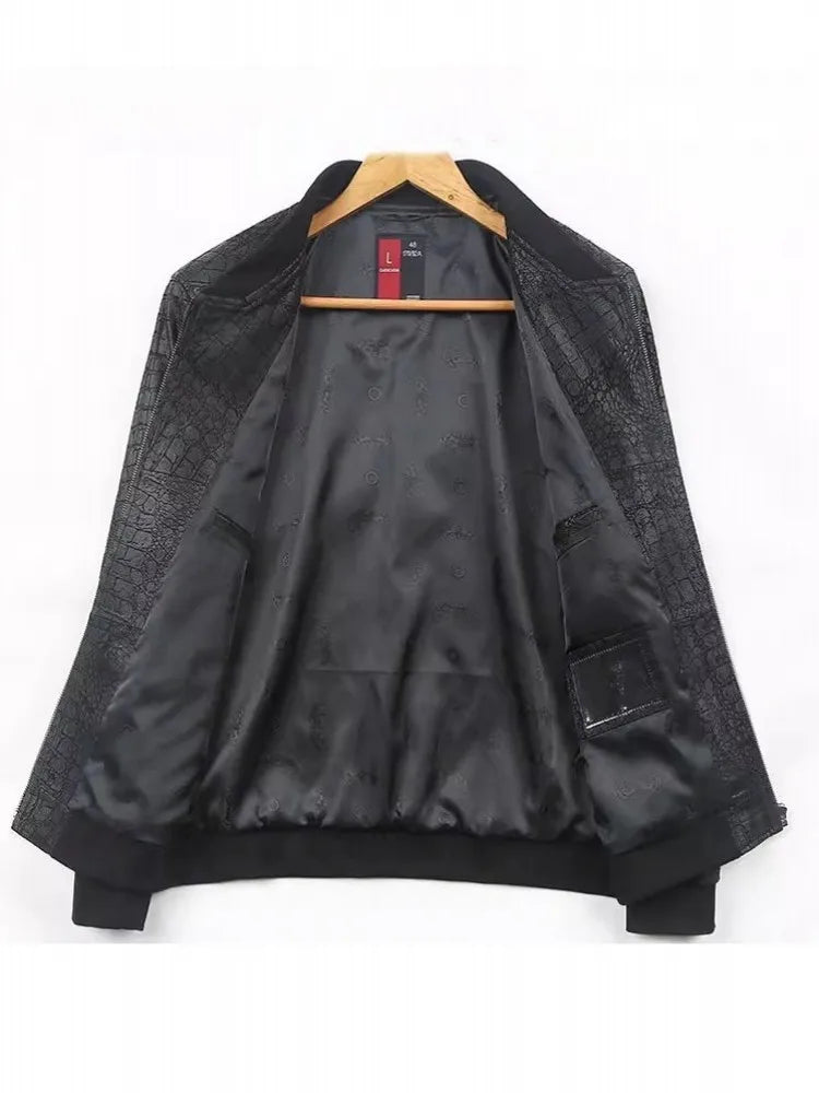 Mens Business Casual Genuine Leather Jacket Slim Fit Fashion Crocodile Pattern Spring Autumn Men Sheepskin Short Coat Size 5XL