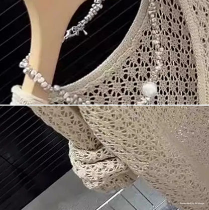 Korean Style Khaki Knitted Hollow out Long Sleeve Top Women's Spring Summer Thin Sun Protection Loose Fit round Neckline