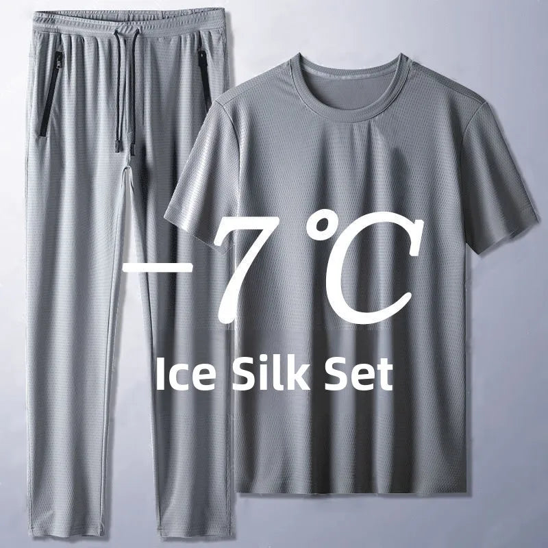 Ice Silk Men's Casual Pants Sports Set Air Conditioning Pants Quick Dry Trendy Large Size Short Sleeve T-Shirt Mesh Summer Wear