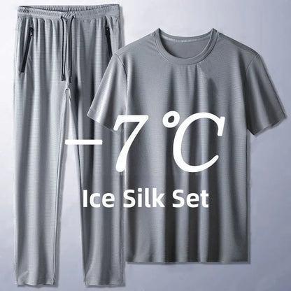 Ice Silk Men's Casual Pants Sports Set Air Conditioning Pants Quick Dry Trendy Large Size Short Sleeve T-Shirt Mesh Summer Wear
