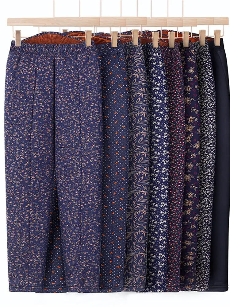 Thickened Camel down Women's Pants Autumn Winter Warm Long Trousers Fashionable Loose Fit Elderly Ladies Fashion Bamboo Leaf