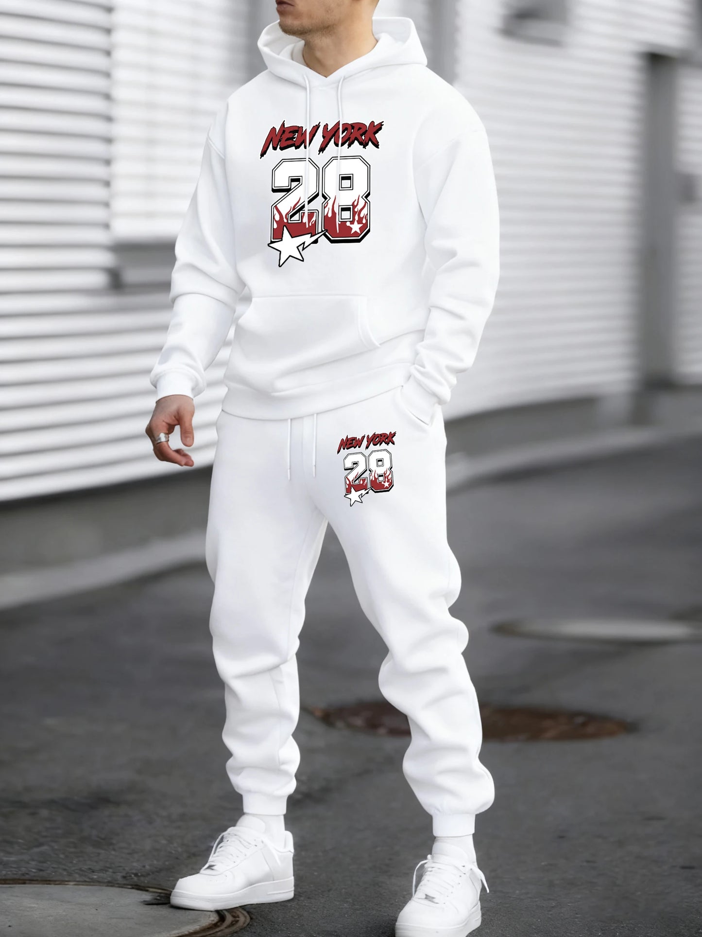 New York 28 Printed Winter Fleece Commute Men Hoodies Pants 2 Piece Set Loose Jogging Sweatpant Basic All-Match Sportswears