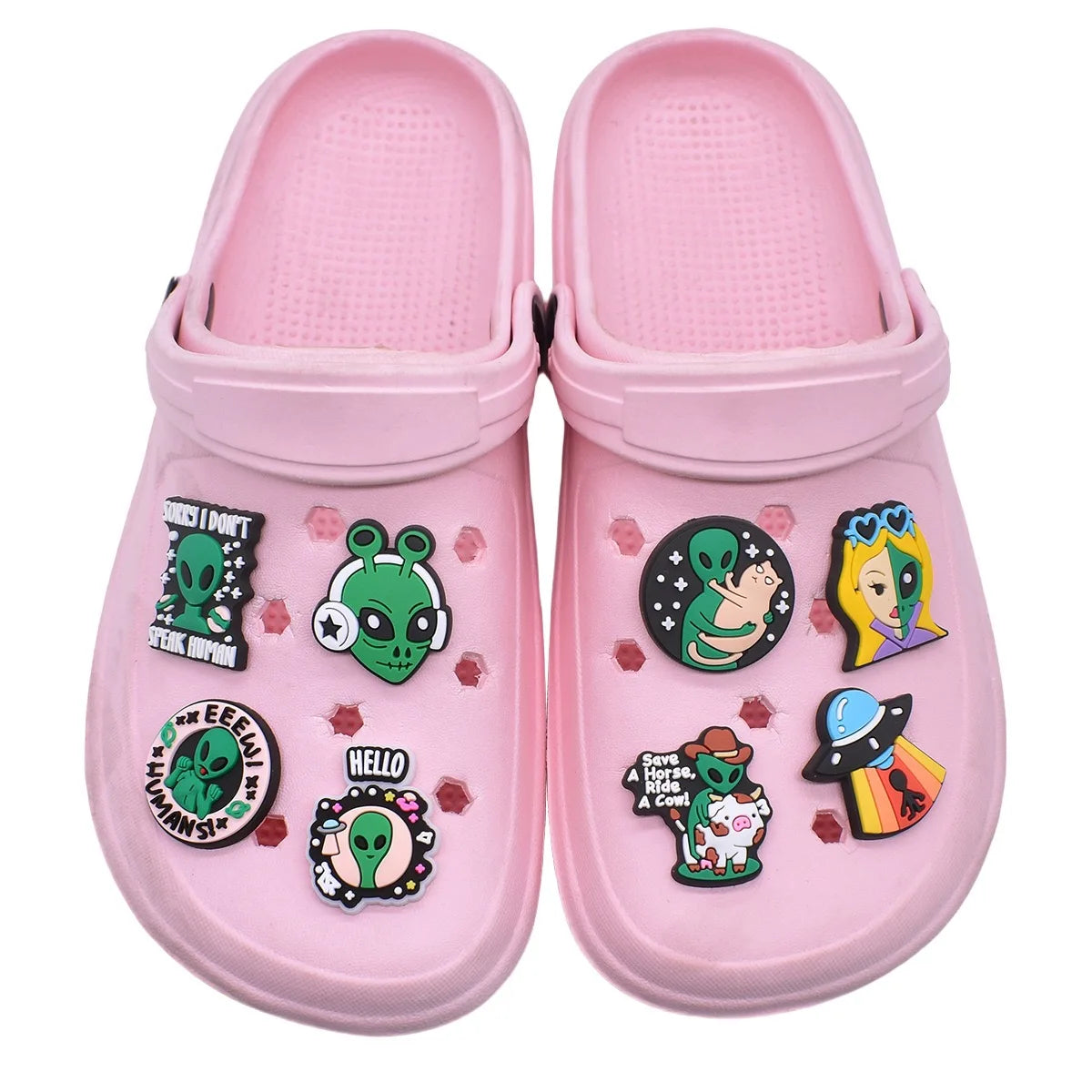 20-100pcs Alien Universe Astronaut Shoe Buckle Accessories PVC DIY Sandal Shoes Charms Clogs Pins Decor Kids Man Party Gift