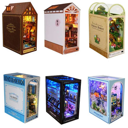 Wooden Book Nook DIY Miniatures Shelf Insert Dollhouse Building Bookshelf Bookend Home Decoration Doll Houses Toys For Xmas Gift