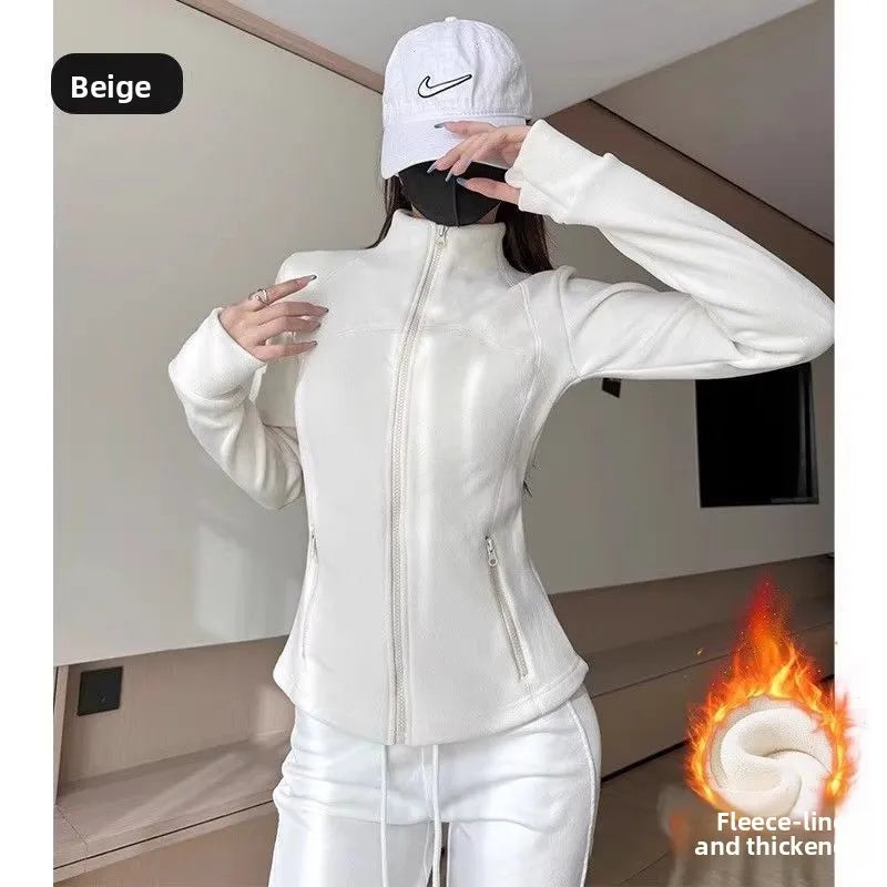 Women's Thickened Fleece Zipper Hoodie Short Coat Slim Fit Waist-Cinching Stand Collar Cardigan Autumn Winter Fashion Outerwear