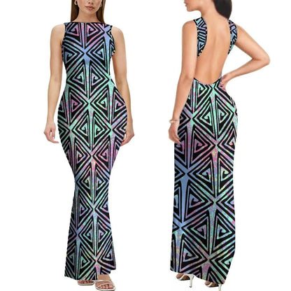 Dropshipping Custom Retro Style Design Elegant Ladies Club Dress Hawaiian Print Sleeveless Backless Dress New Zealand Prom Dress