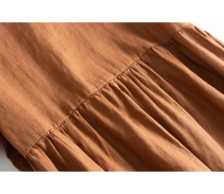 Summer Cotton Linen Women Dresses Vintage Short Sleeve Casual Loose Back Bandage Harajuku Party Club Dress With Pockets