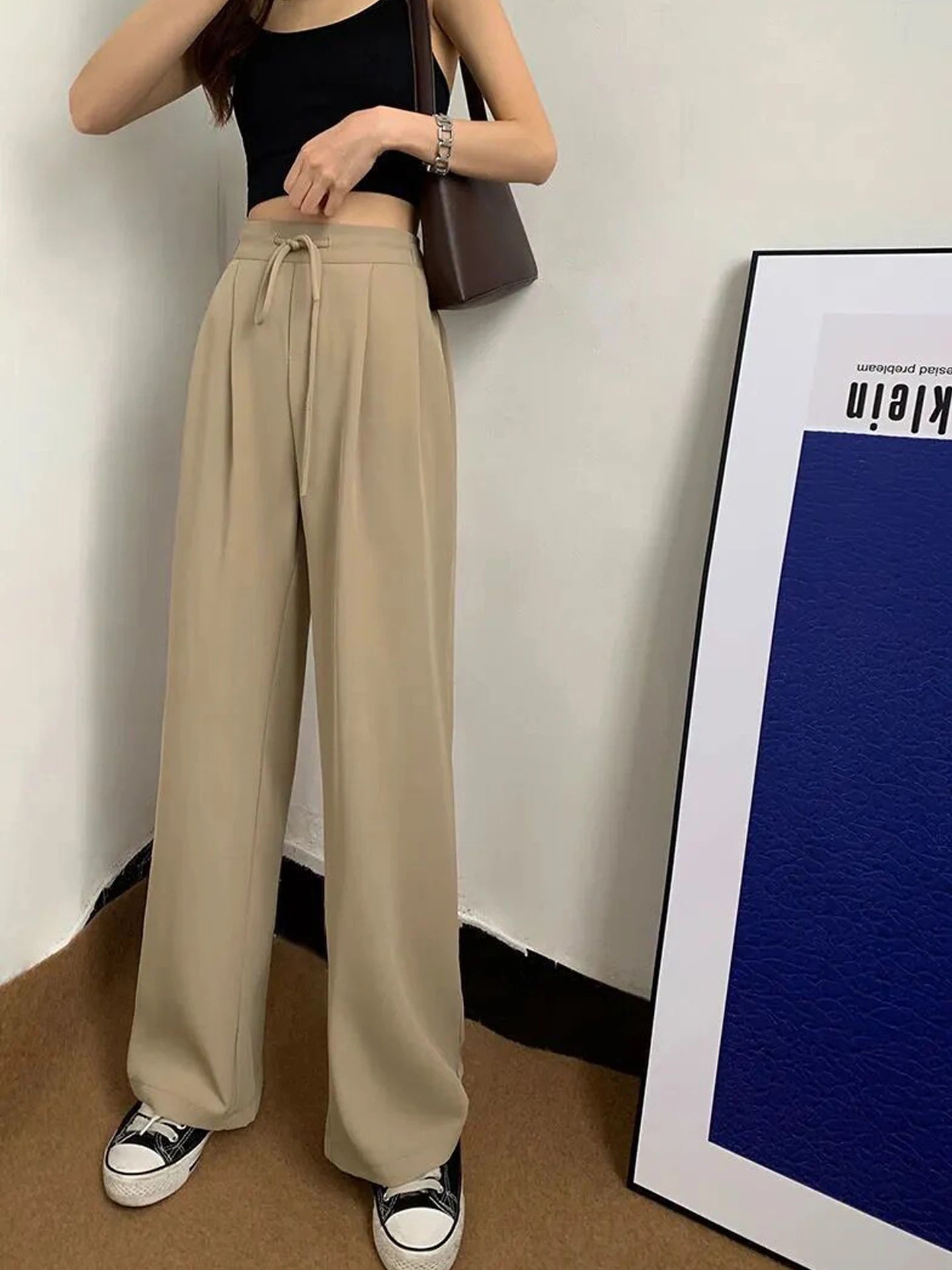 Ice Silk High Waist Wide Leg Pants Women Summer Loose Thin Straight Casual Trousers Korean Style Polyester Fiber Skin-friendl...