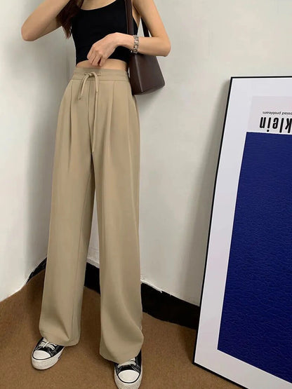 Ice Silk High Waist Wide Leg Pants Women Summer Loose Thin Straight Casual Trousers Korean Style Polyester Fiber Skin-friendl...