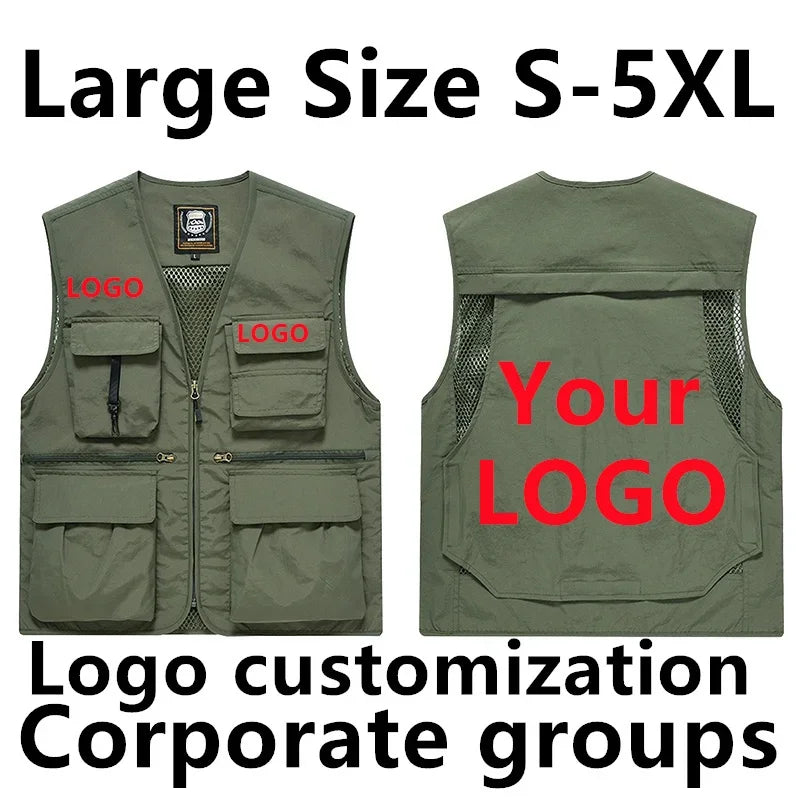 DIY Logo Custom Work Vest Multi Pocket Sleeveless Jacket Camping Big Size Men's Clothes  Plus Outerwear MAN Workwear LeisureY