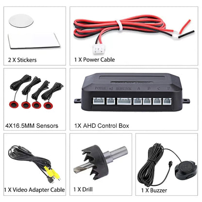 AHD CVBS Video Reversing Radar 16.5mm Embedded Probe 6 Colors Buzzer Alarm Easy Installation Universal Car Parking Assist Kit